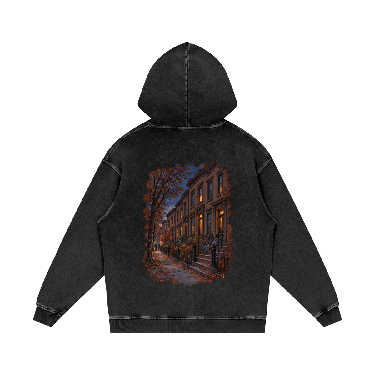 Stoop hoodie in Black Beauty, back view showing the large Brooklyn brownstone print