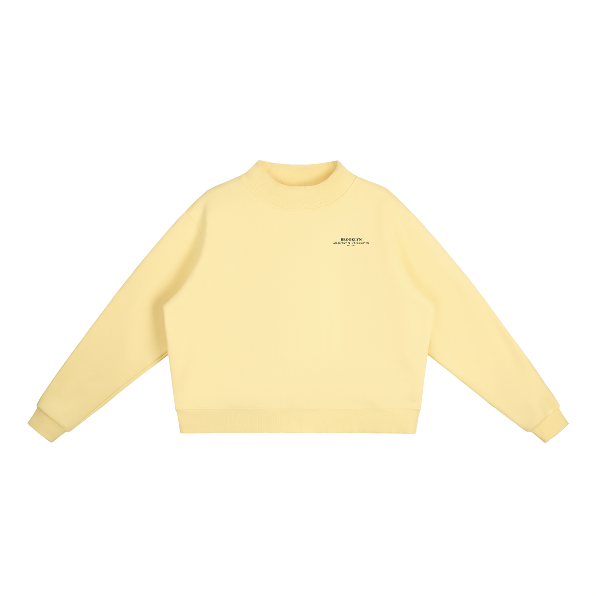 Brooklyn Mock-Neck Crew — Black Text in Yellow, front view showing the small black BROOKLYN chest print