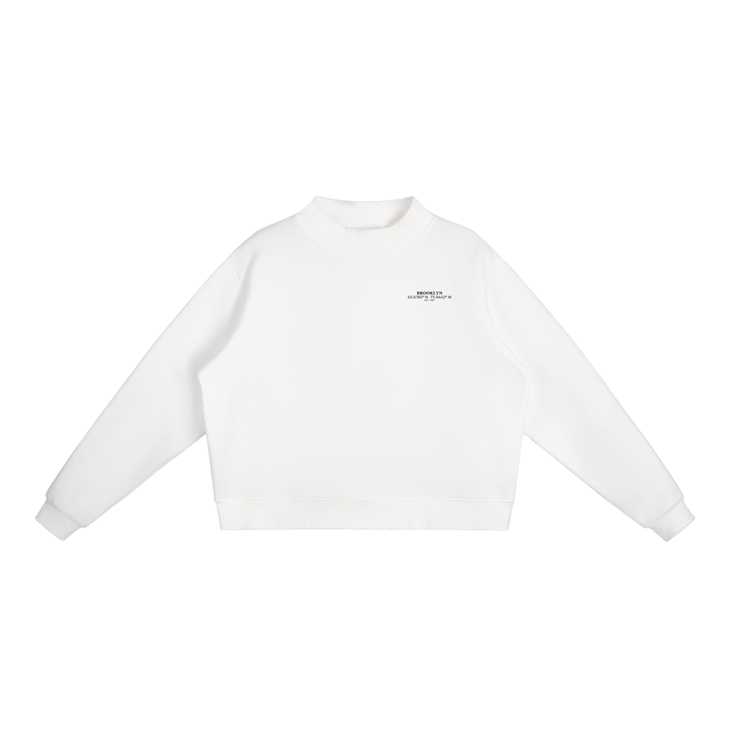 Brooklyn Mock-Neck Crew in White with the black BROOKLYN chest print, front view