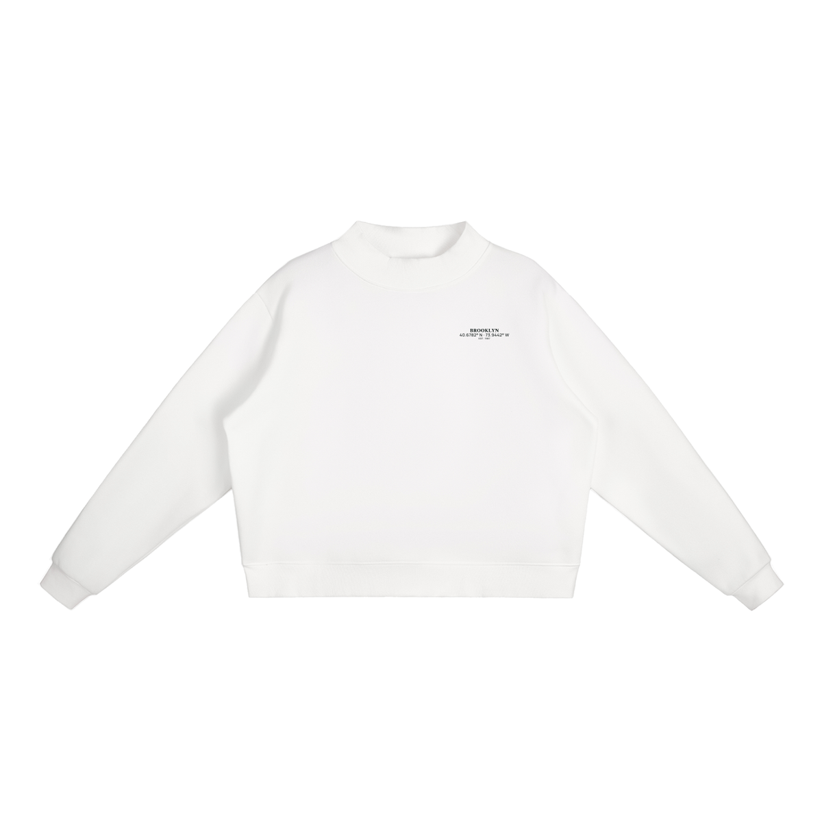 Brooklyn Mock-Neck Crew in White with the black BROOKLYN chest print, front view